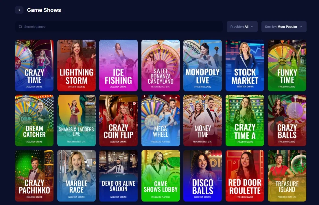 Game Shows lobby with Crazy Time, Monopoly Live and other titles