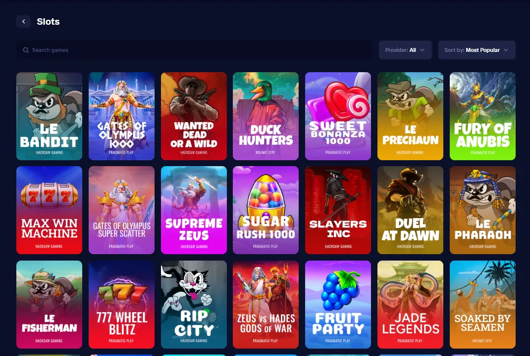 Duel slots lobby with search, provider filter and popular titles