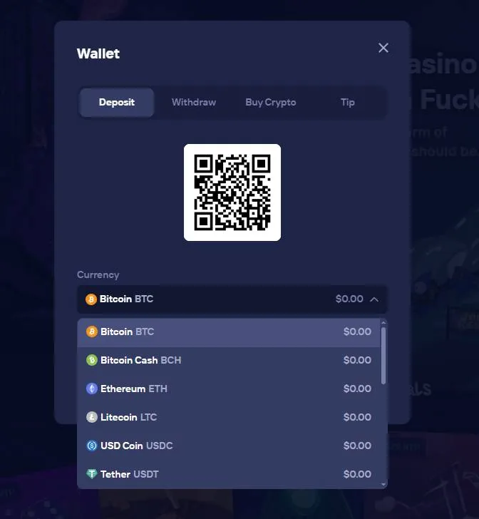 Duel Wallet deposit view with Bitcoin selected and a currency list
